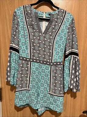 LOFT Teal Black White Printed Romper